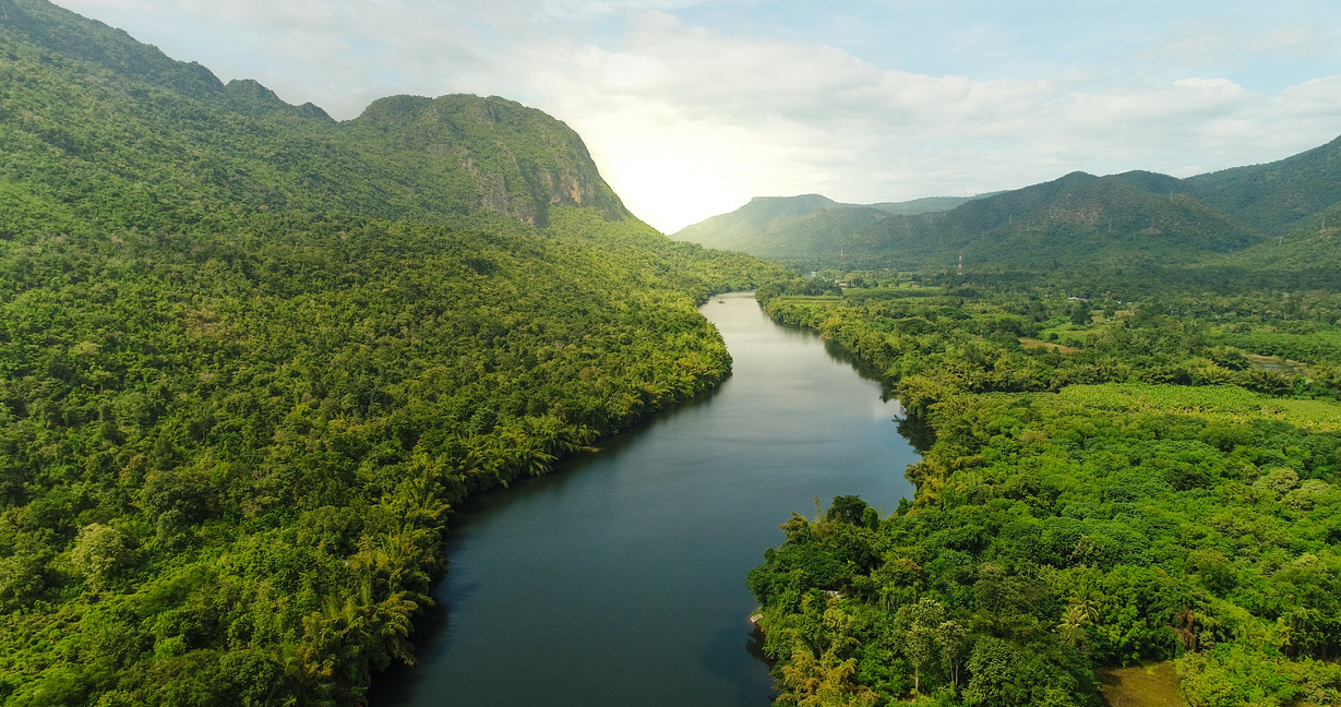 Aerial view of river in tropical green forest with mountains in background